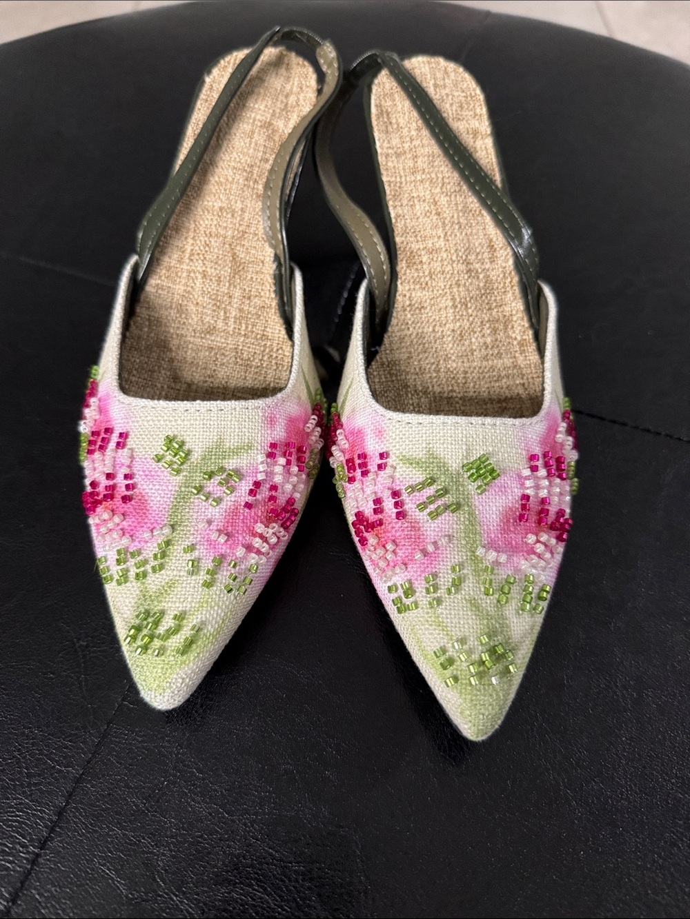 Floral Beaded Pointed-Toe Slingback Mules - Pink & Green with kit heel
